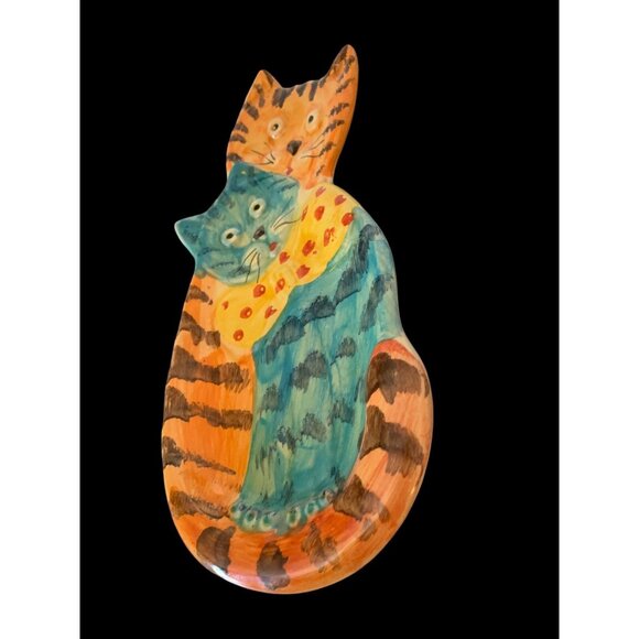 Vintage Pair of Cats Red ware Ceramic Dish Wall Art Hand painted 9.5" x 5" Italy - Picture 3 of 8
